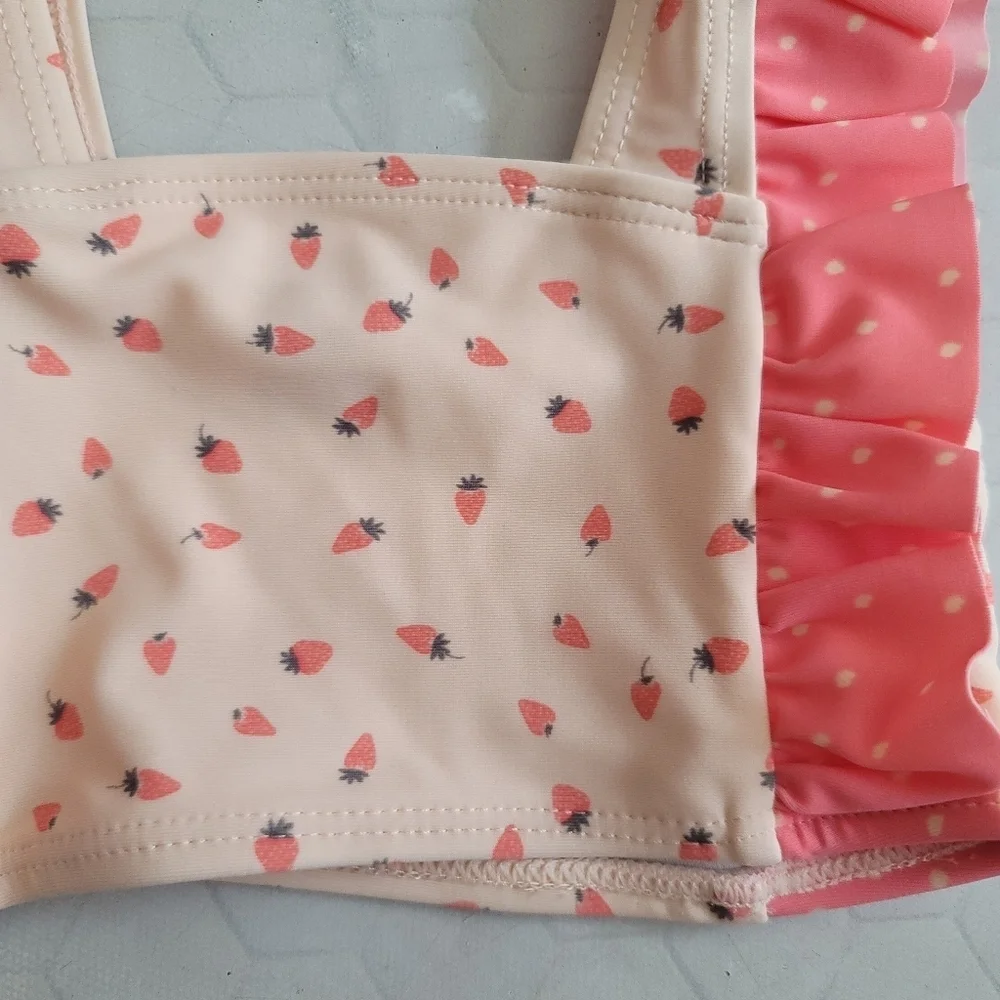 Jessica‎ Simpson 3-6 Months Pink Ruffle Strawberry Bikini Swimsuit Summer Fruit